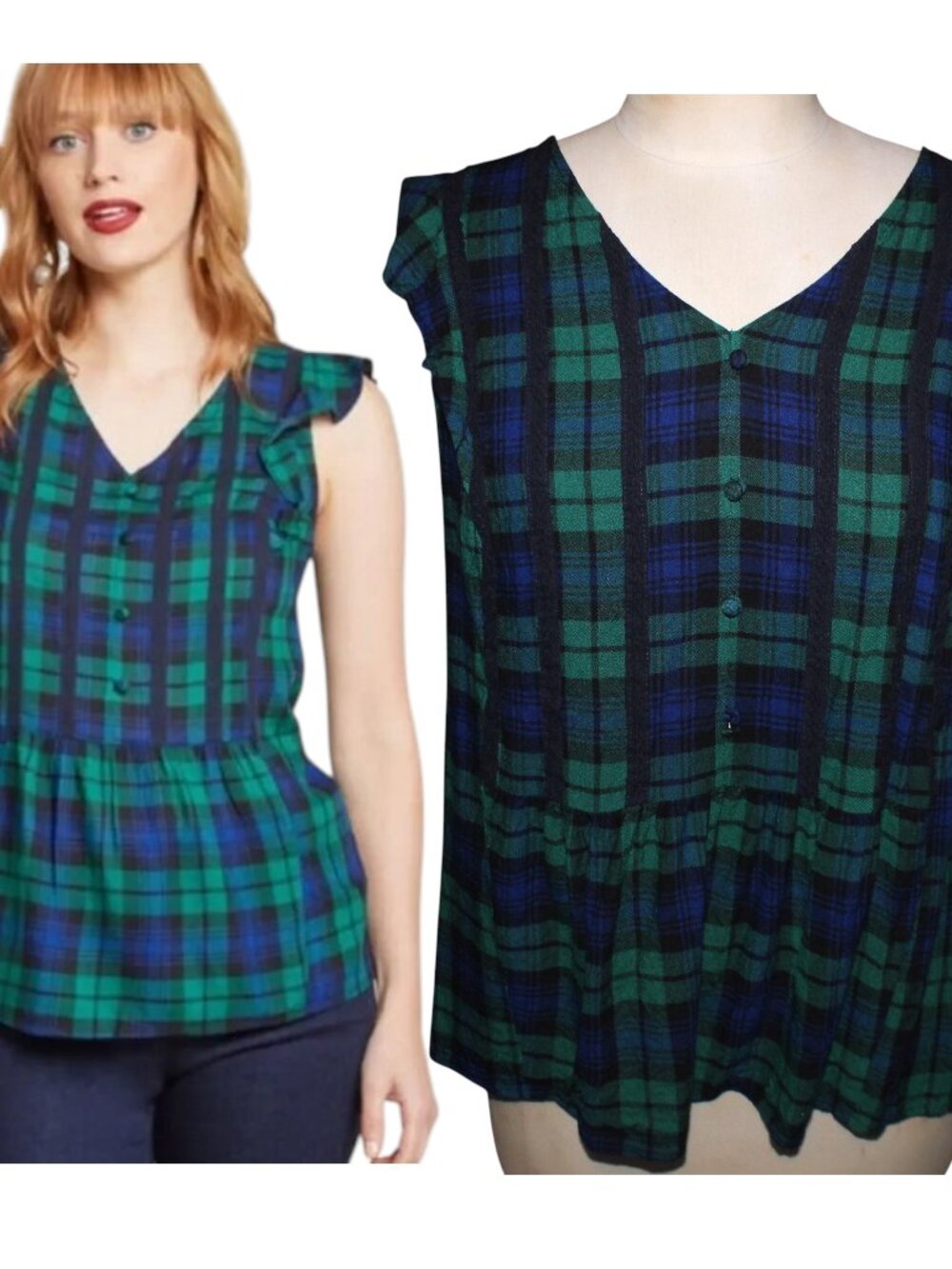 ModCloth Anywhere and Everywhere Plaid Ruffle Top Blouse Green Navy Plus 3X